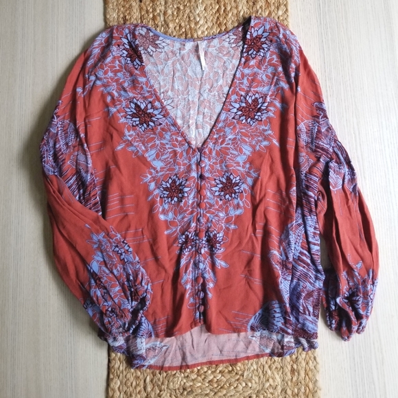 Cottagecore Orange & Blue Blouse - Picture 1 of 3